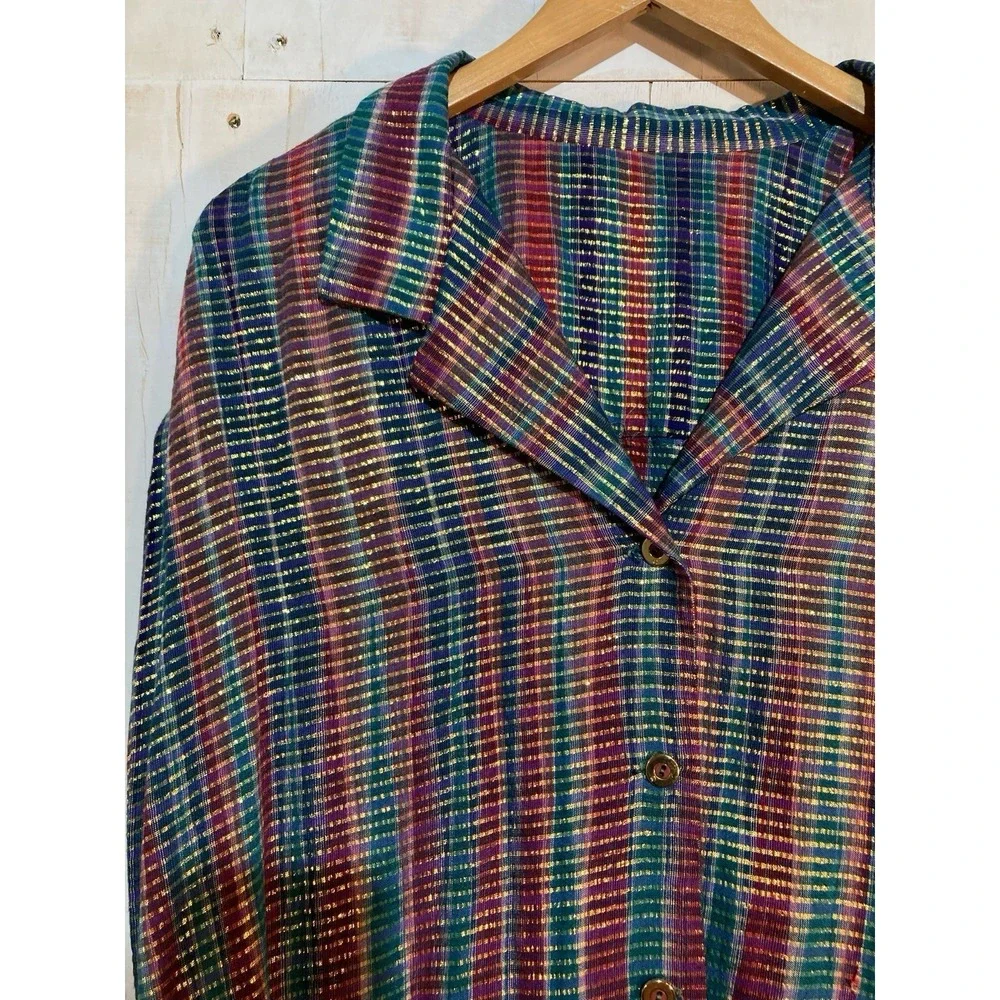 Handmade Button Down Shirt Women‎ Sz L Multi-Color Metallic Lurex Plaid Tunic - Picture 4 of 13